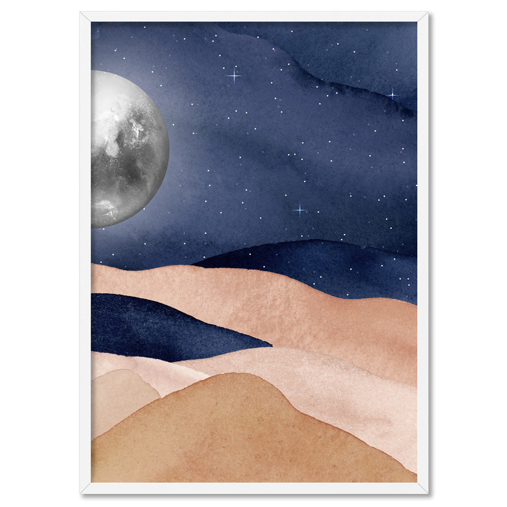 Boho Moon in Watercololur - Art Print, Poster, Stretched Canvas, or Framed Wall Art Print, shown in a white frame