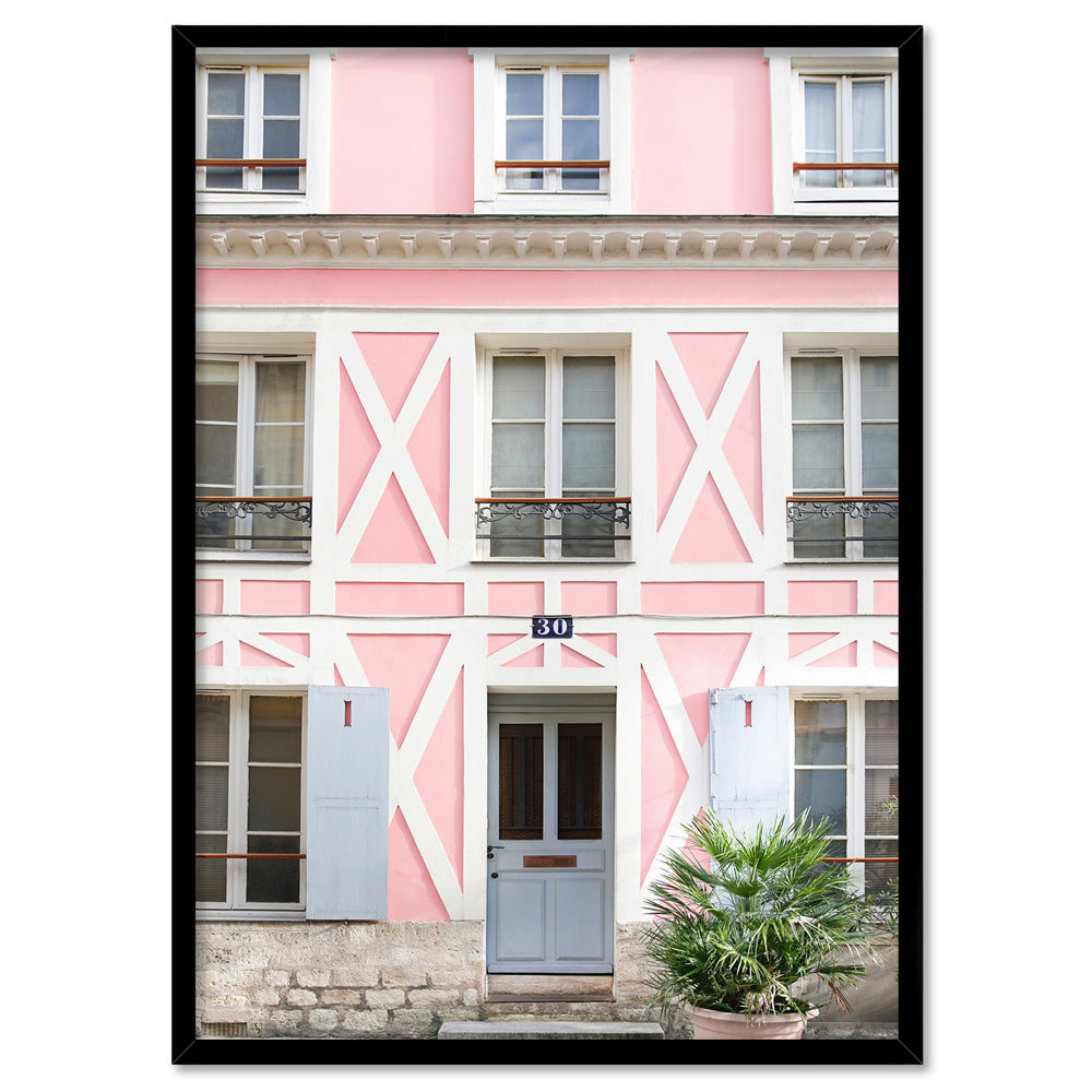 Pink House in France - Art Print by Victoria's Stories, Poster, Stretched Canvas, or Framed Wall Art Print, shown in a black frame