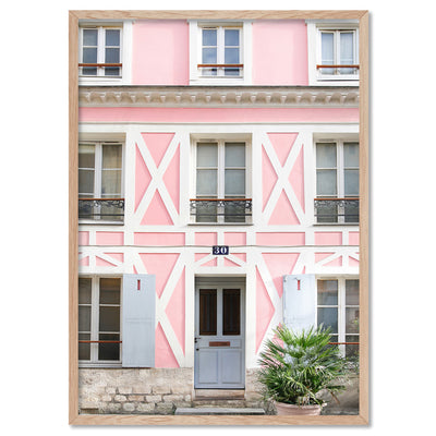 Pink House in France - Art Print by Victoria's Stories, Poster, Stretched Canvas, or Framed Wall Art Print, shown in a natural timber frame