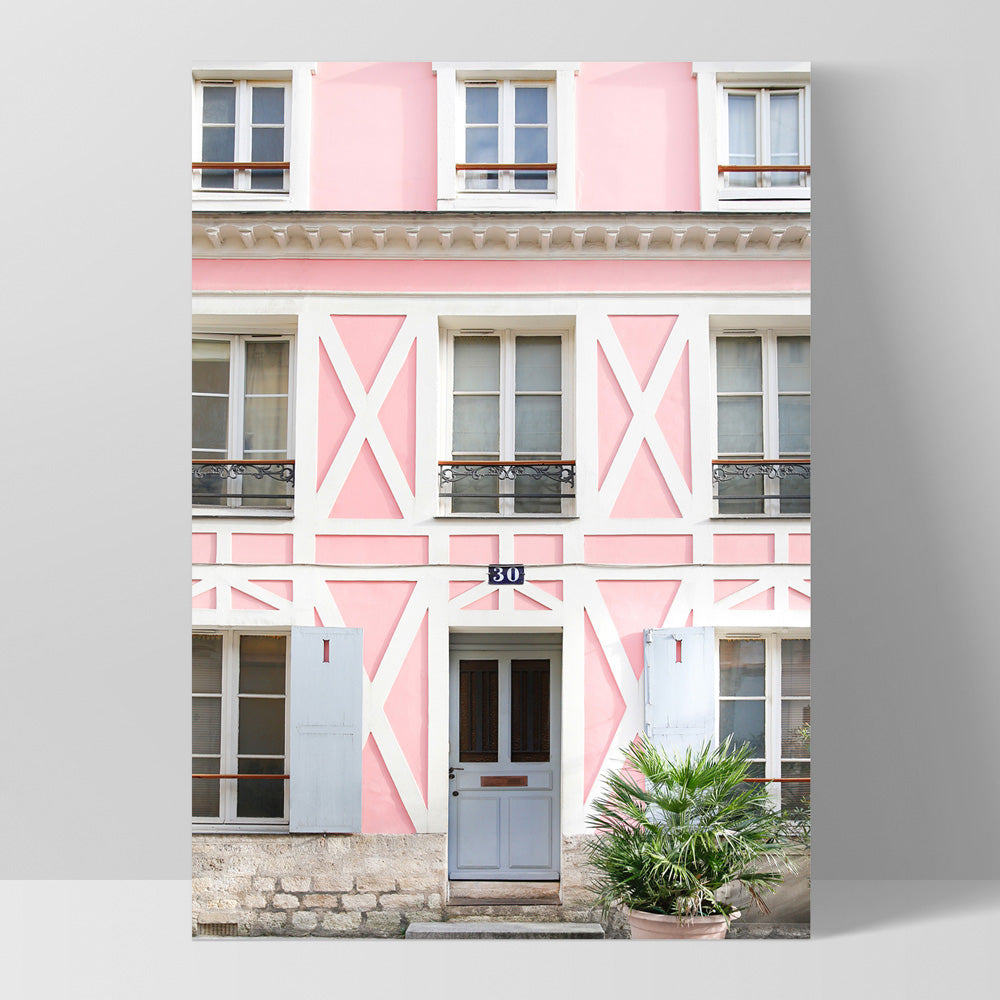 Pink House in France - Art Print by Victoria's Stories, Poster, Stretched Canvas, or Framed Wall Art Print, shown as a stretched canvas or poster without a frame