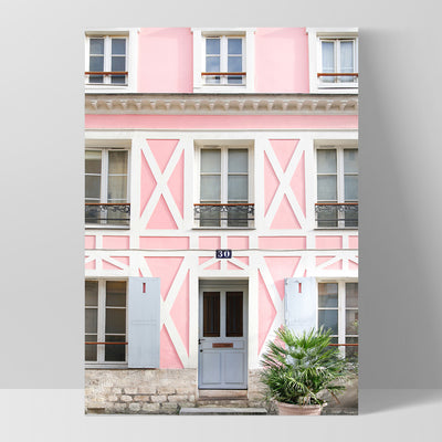 Pink House in France - Art Print by Victoria's Stories, Poster, Stretched Canvas, or Framed Wall Art Print, shown as a stretched canvas or poster without a frame