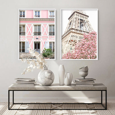 Pink House in France - Art Print by Victoria's Stories, Poster, Stretched Canvas or Framed Wall Art, shown framed in a home interior space
