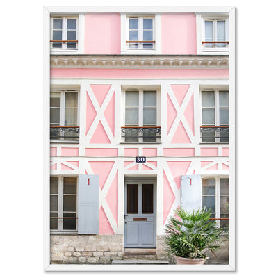 Pink House in France - Art Print by Victoria's Stories, Poster, Stretched Canvas, or Framed Wall Art Print, shown in a white frame