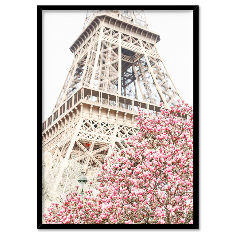 Eiffel Tower Paris | Cherry Blossom I - Art Print by Victoria's Stories, Poster, Stretched Canvas, or Framed Wall Art Print, shown in a black frame
