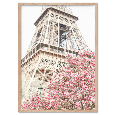Eiffel Tower Paris | Cherry Blossom I - Art Print by Victoria's Stories, Poster, Stretched Canvas, or Framed Wall Art Print, shown in a natural timber frame