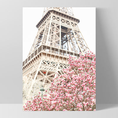 Eiffel Tower Paris | Cherry Blossom I - Art Print by Victoria's Stories, Poster, Stretched Canvas, or Framed Wall Art Print, shown as a stretched canvas or poster without a frame