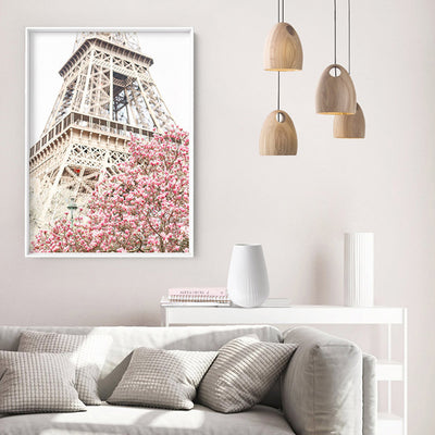 Eiffel Tower Paris | Cherry Blossom I - Art Print by Victoria's Stories, Poster, Stretched Canvas or Framed Wall Art, shown framed in a room