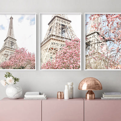 Eiffel Tower Paris | Cherry Blossom I - Art Print by Victoria's Stories, Poster, Stretched Canvas or Framed Wall Art, shown framed in a home interior space