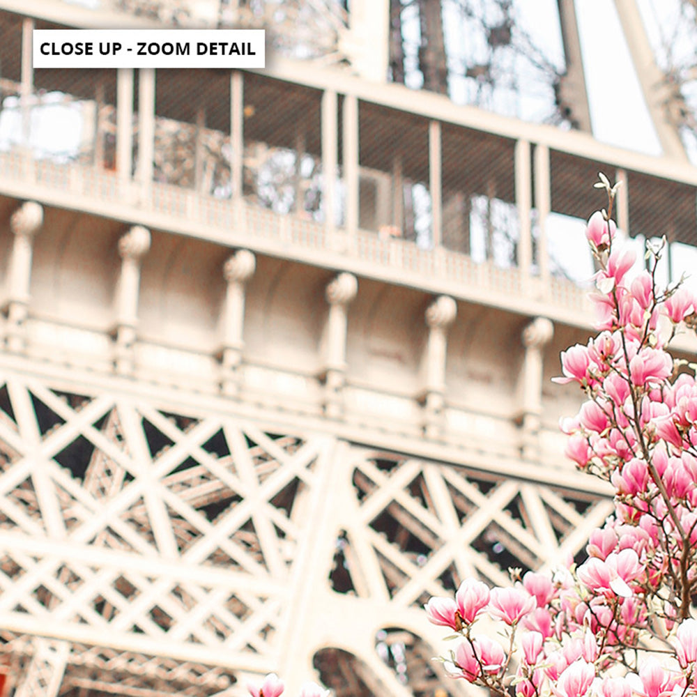 Eiffel Tower Paris | Cherry Blossom I - Art Print by Victoria's Stories, Poster, Stretched Canvas or Framed Wall Art, Close up View of Print Resolution
