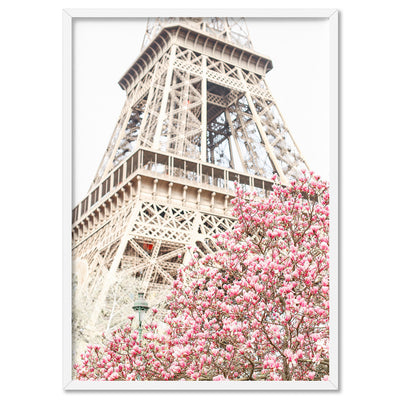 Eiffel Tower Paris | Cherry Blossom I - Art Print by Victoria's Stories, Poster, Stretched Canvas, or Framed Wall Art Print, shown in a white frame