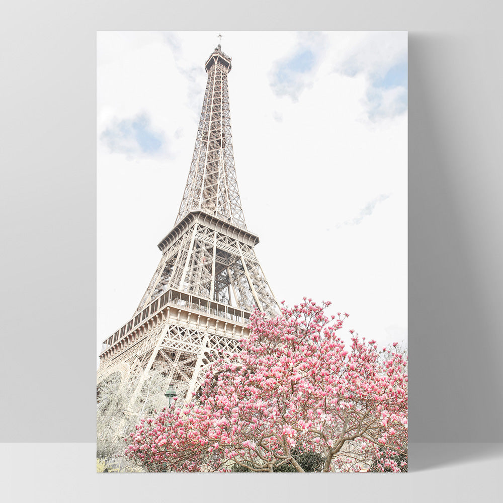 Eiffel Tower Paris | Cherry Blossom II - Art Print by Victoria's Stories, Poster, Stretched Canvas, or Framed Wall Art Print, shown as a stretched canvas or poster without a frame