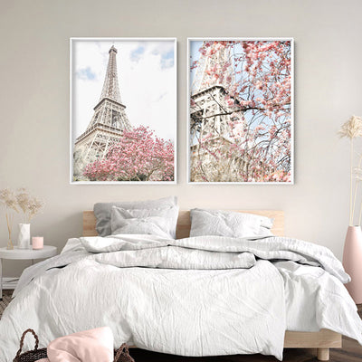 Eiffel Tower Paris | Cherry Blossom II - Art Print by Victoria's Stories, Poster, Stretched Canvas or Framed Wall Art, shown framed in a home interior space