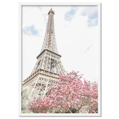 Eiffel Tower Paris | Cherry Blossom II - Art Print by Victoria's Stories, Poster, Stretched Canvas, or Framed Wall Art Print, shown in a white frame