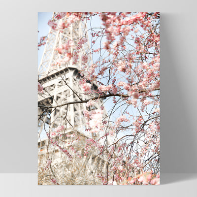 Eiffel Tower Paris | Cherry Blossom III - Art Print by Victoria's Stories, Poster, Stretched Canvas, or Framed Wall Art Print, shown as a stretched canvas or poster without a frame