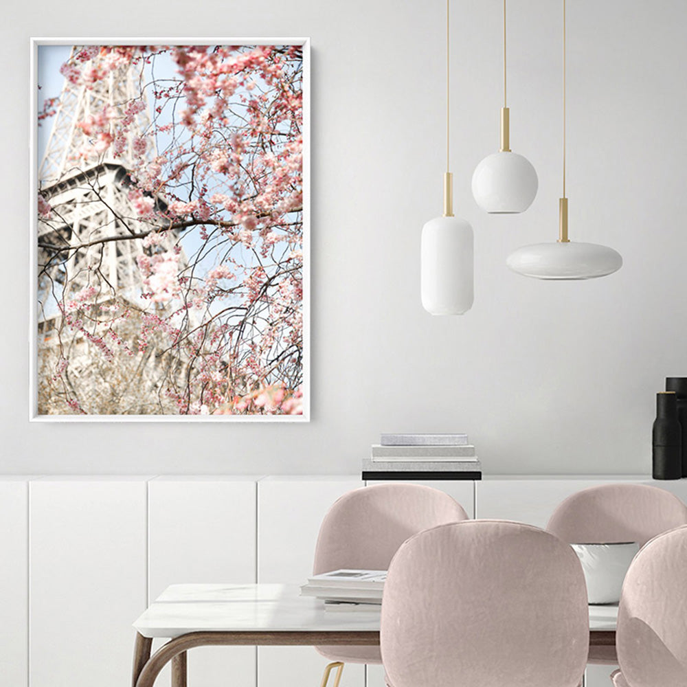 Eiffel Tower Paris | Cherry Blossom III - Art Print by Victoria's Stories, Poster, Stretched Canvas or Framed Wall Art, shown framed in a room