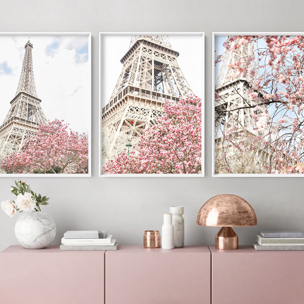 Eiffel Tower Paris | Cherry Blossom III - Art Print by Victoria's Stories, Poster, Stretched Canvas or Framed Wall Art, shown framed in a home interior space