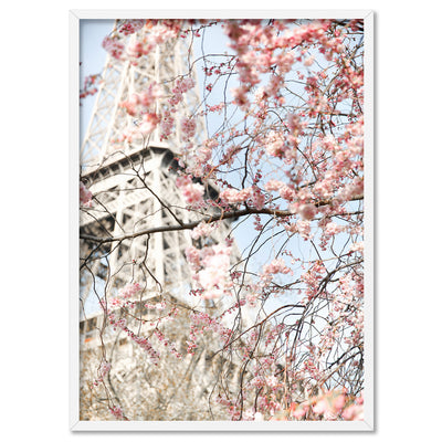 Eiffel Tower Paris | Cherry Blossom III - Art Print by Victoria's Stories, Poster, Stretched Canvas, or Framed Wall Art Print, shown in a white frame
