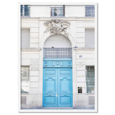 Blue Door Paris - Art Print by Victoria's Stories, Poster, Stretched Canvas, or Framed Wall Art Print, shown in a white frame