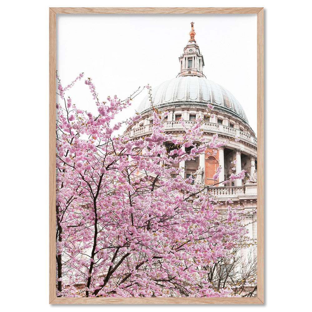 St Paul's Cathedral in Spring - Art Print by Victoria's Stories, Poster, Stretched Canvas, or Framed Wall Art Print, shown in a natural timber frame