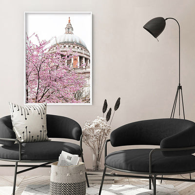 St Paul's Cathedral in Spring - Art Print by Victoria's Stories, Poster, Stretched Canvas or Framed Wall Art, shown framed in a room