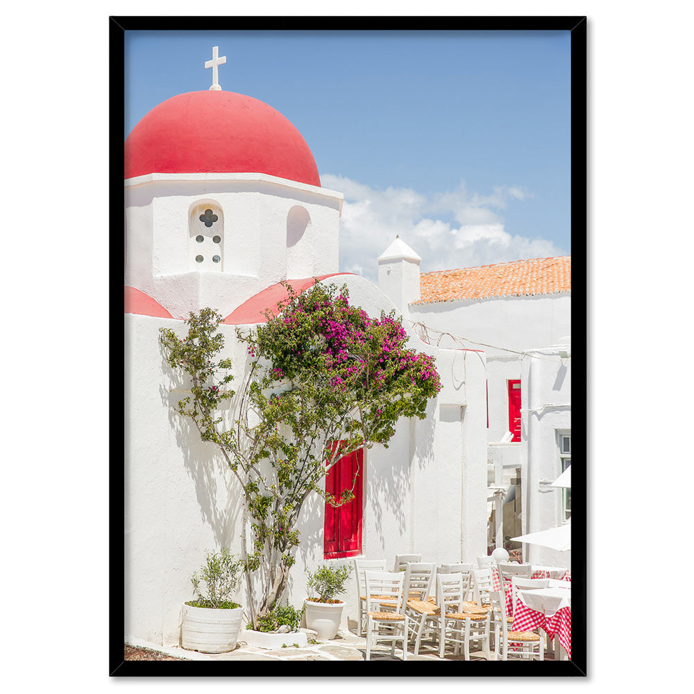 Santorini in Spring | Red Dome Church - Art Print, Poster, Stretched Canvas, or Framed Wall Art Print, shown in a black frame