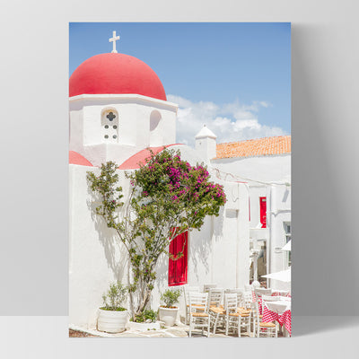 Santorini in Spring | Red Dome Church - Art Print, Poster, Stretched Canvas, or Framed Wall Art Print, shown as a stretched canvas or poster without a frame