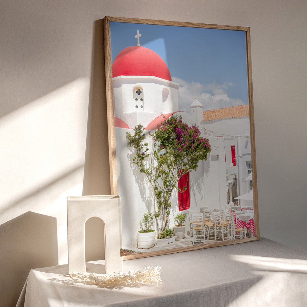 Santorini in Spring | Red Dome Church - Art Print, Poster, Stretched Canvas or Framed Wall Art, shown framed in a room