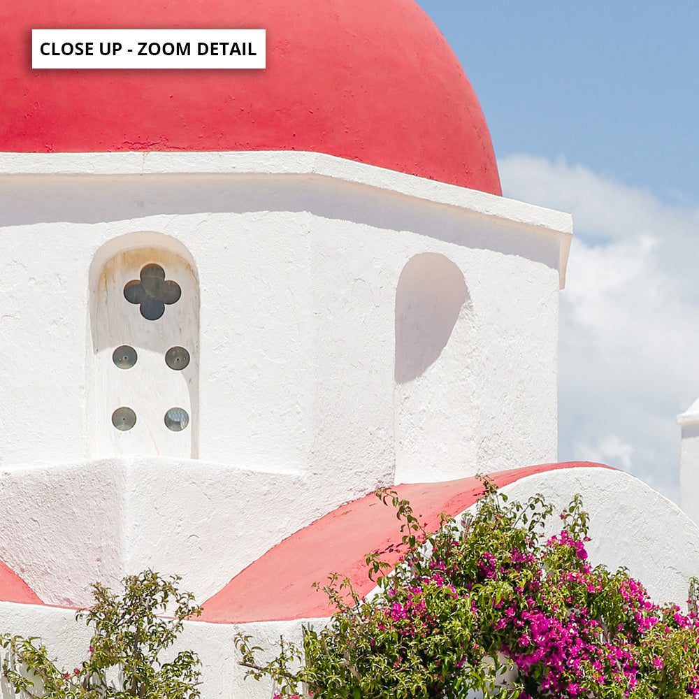 Santorini in Spring | Red Dome Church - Art Print, Poster, Stretched Canvas or Framed Wall Art, Close up View of Print Resolution