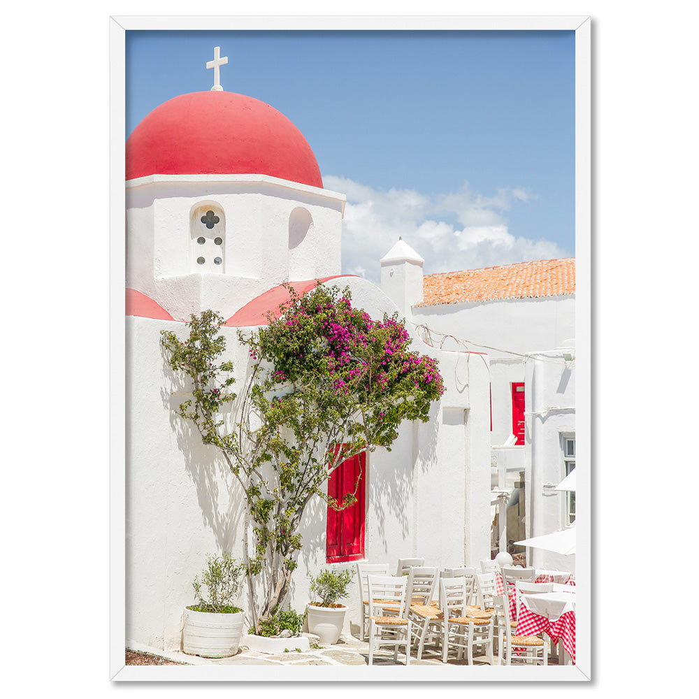 Santorini in Spring | Red Dome Church - Art Print, Poster, Stretched Canvas, or Framed Wall Art Print, shown in a white frame