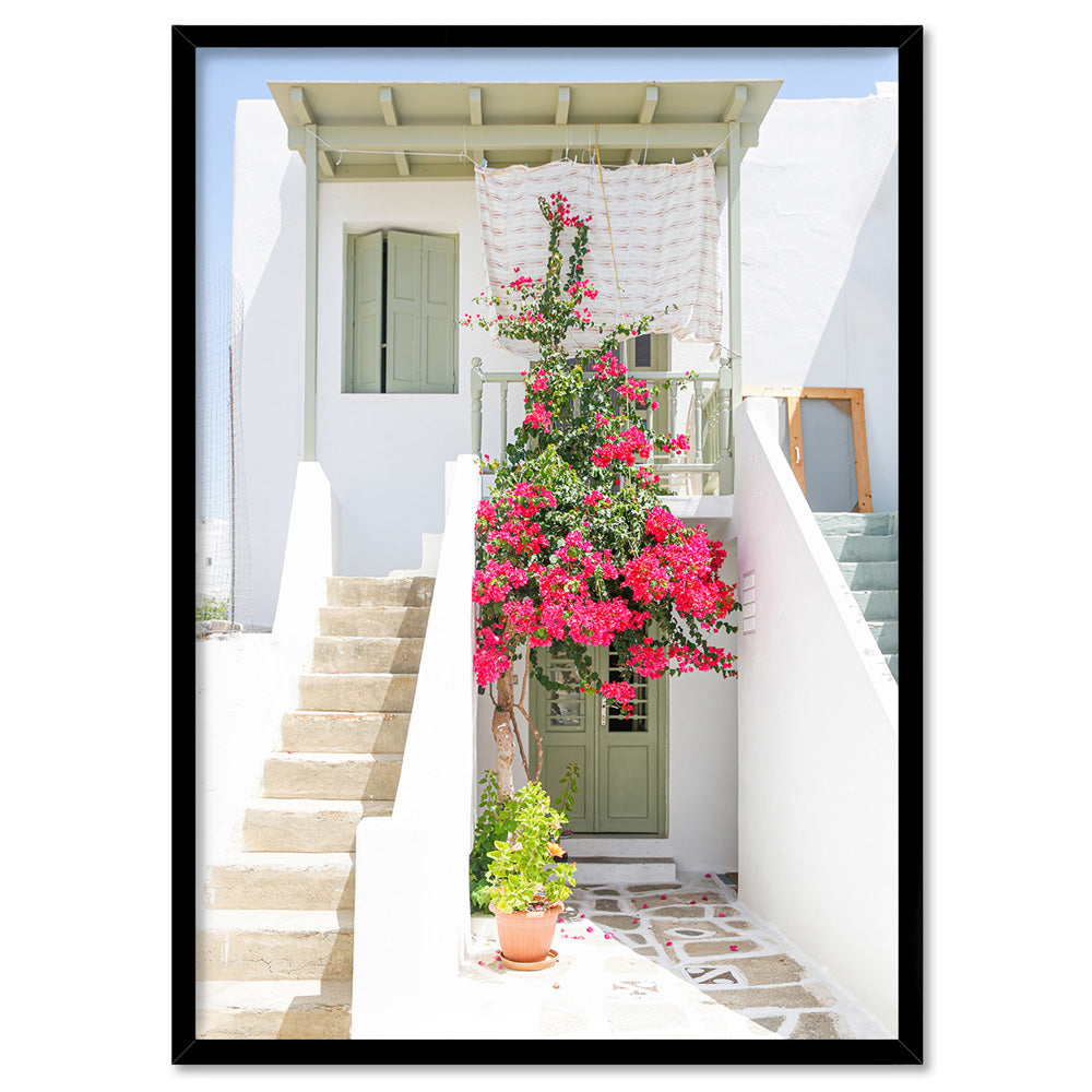 Santorini in Spring | White Villa I - Art Print, Poster, Stretched Canvas, or Framed Wall Art Print, shown in a black frame
