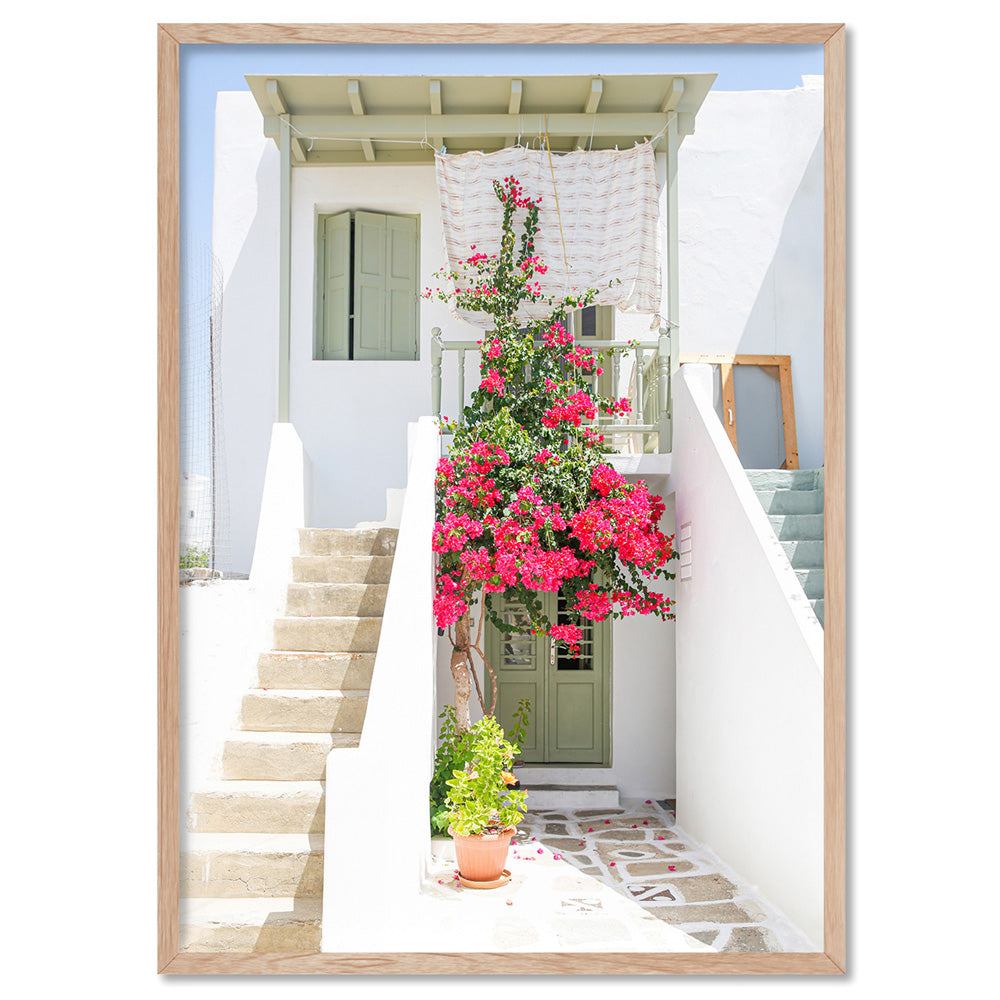 Santorini in Spring | White Villa I - Art Print, Poster, Stretched Canvas, or Framed Wall Art Print, shown in a natural timber frame