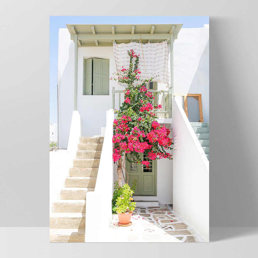 Santorini in Spring | White Villa I - Art Print, Poster, Stretched Canvas, or Framed Wall Art Print, shown as a stretched canvas or poster without a frame