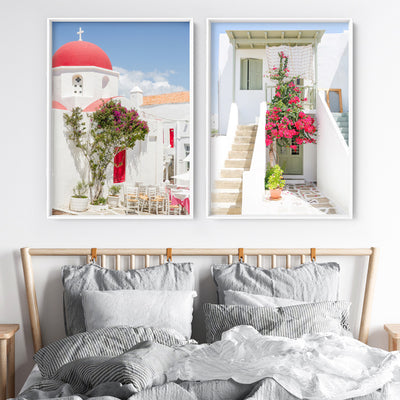 Santorini in Spring | White Villa I - Art Print, Poster, Stretched Canvas or Framed Wall Art, shown framed in a home interior space