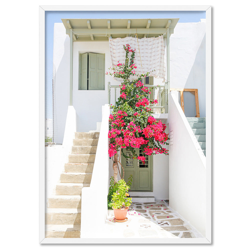 Santorini in Spring | White Villa I - Art Print, Poster, Stretched Canvas, or Framed Wall Art Print, shown in a white frame