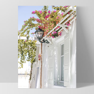Santorini in Spring | White Villa II - Art Print, Poster, Stretched Canvas, or Framed Wall Art Print, shown as a stretched canvas or poster without a frame