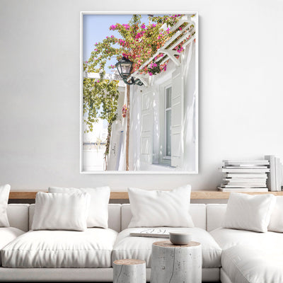 Santorini in Spring | White Villa II - Art Print, Poster, Stretched Canvas or Framed Wall Art, shown framed in a room
