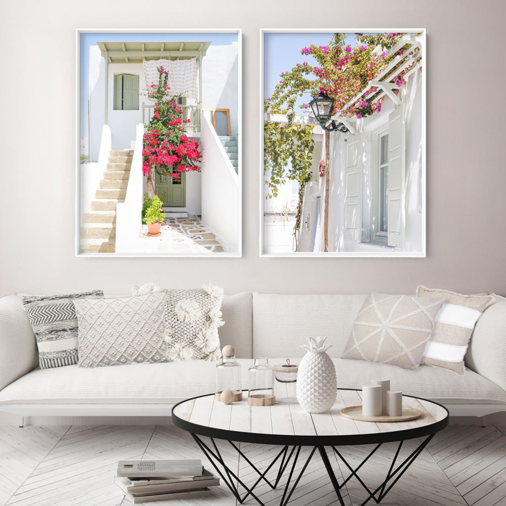 Santorini in Spring | White Villa II - Art Print, Poster, Stretched Canvas or Framed Wall Art, shown framed in a home interior space