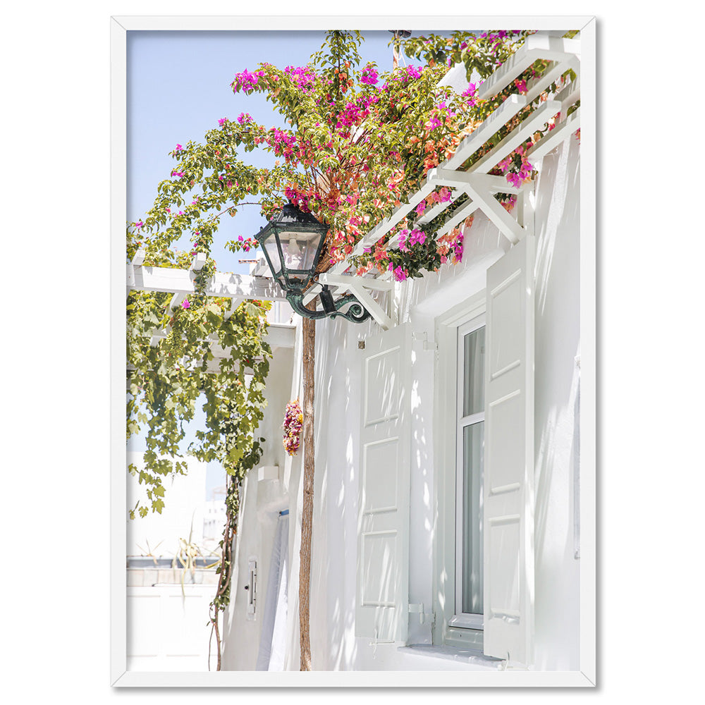 Santorini in Spring | White Villa II - Art Print, Poster, Stretched Canvas, or Framed Wall Art Print, shown in a white frame
