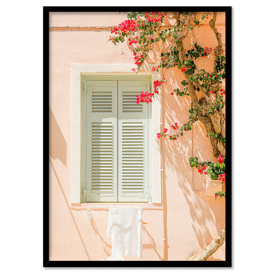 Santorini in Spring | Boho Pastel Villa I - Art Print, Poster, Stretched Canvas, or Framed Wall Art Print, shown in a black frame