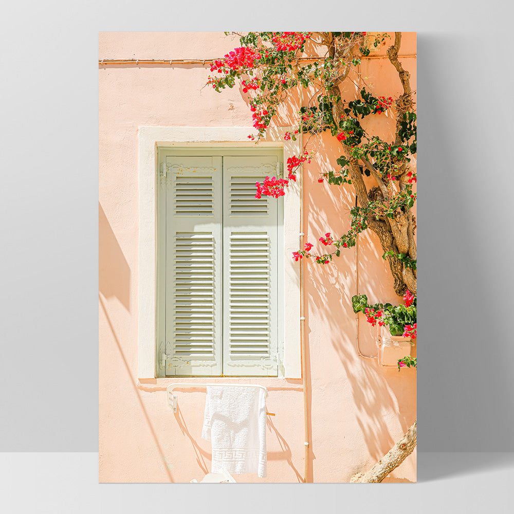 Santorini in Spring | Boho Pastel Villa I - Art Print, Poster, Stretched Canvas, or Framed Wall Art Print, shown as a stretched canvas or poster without a frame