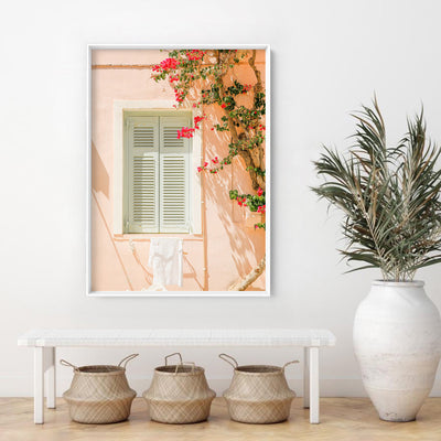 Santorini in Spring | Boho Pastel Villa I - Art Print, Poster, Stretched Canvas or Framed Wall Art, shown framed in a room