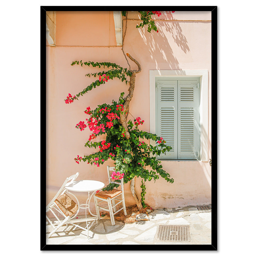 Santorini in Spring | Boho Pastel Villa II - Art Print, Poster, Stretched Canvas, or Framed Wall Art Print, shown in a black frame