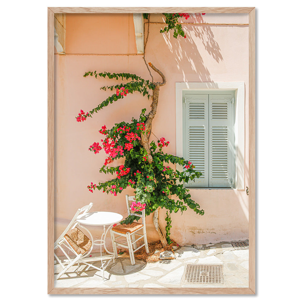 Santorini in Spring | Boho Pastel Villa II - Art Print, Poster, Stretched Canvas, or Framed Wall Art Print, shown in a natural timber frame