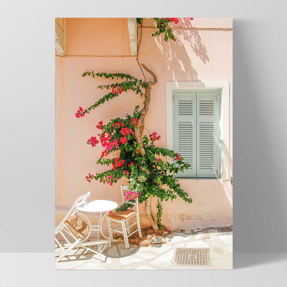 Santorini in Spring | Boho Pastel Villa II - Art Print, Poster, Stretched Canvas, or Framed Wall Art Print, shown as a stretched canvas or poster without a frame
