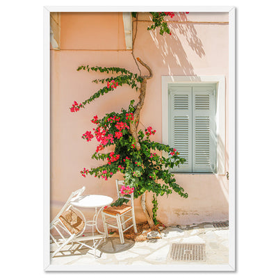 Santorini in Spring | Boho Pastel Villa II - Art Print, Poster, Stretched Canvas, or Framed Wall Art Print, shown in a white frame