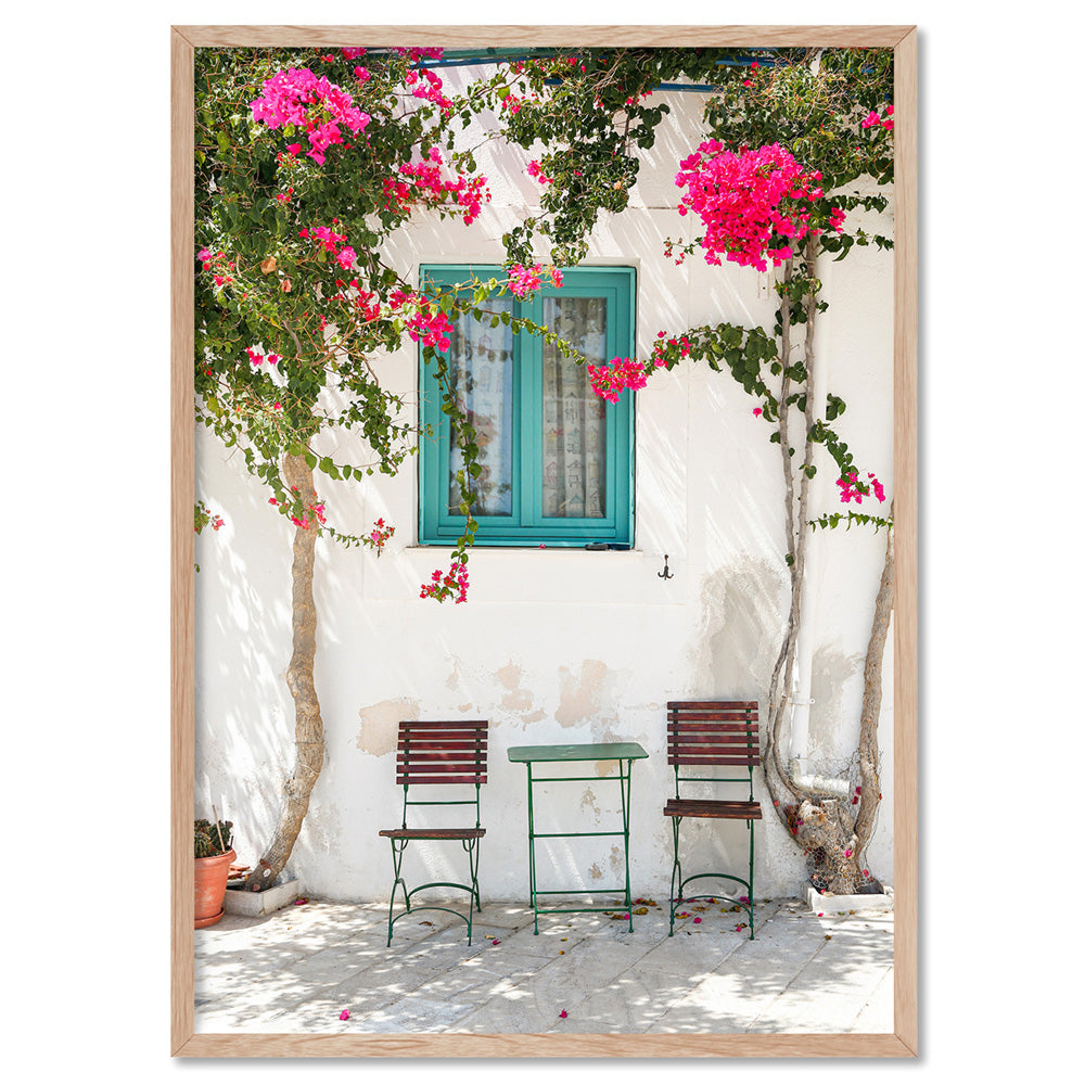 Santorini in Spring | White Villa III - Art Print, Poster, Stretched Canvas, or Framed Wall Art Print, shown in a natural timber frame