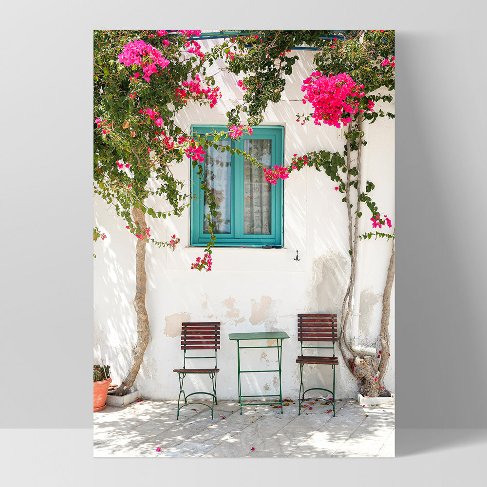 Santorini in Spring | White Villa III - Art Print, Poster, Stretched Canvas, or Framed Wall Art Print, shown as a stretched canvas or poster without a frame