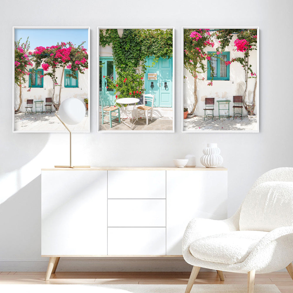 Santorini in Spring | White Villa III - Art Print, Poster, Stretched Canvas or Framed Wall Art, shown framed in a home interior space