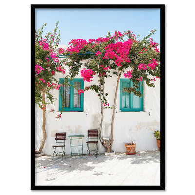 Santorini in Spring | White Villa IV - Art Print, Poster, Stretched Canvas, or Framed Wall Art Print, shown in a black frame