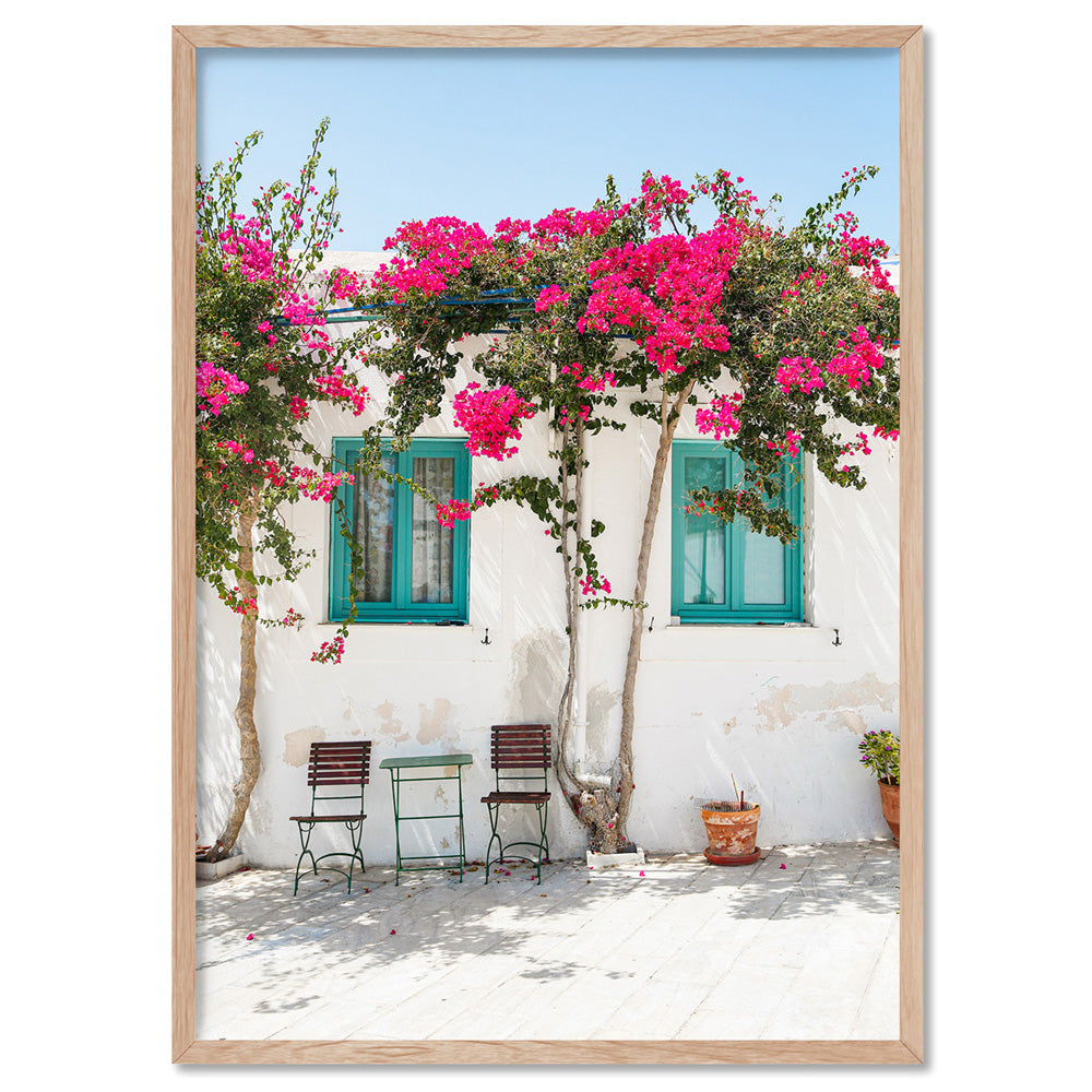 Santorini in Spring | White Villa IV - Art Print, Poster, Stretched Canvas, or Framed Wall Art Print, shown in a natural timber frame